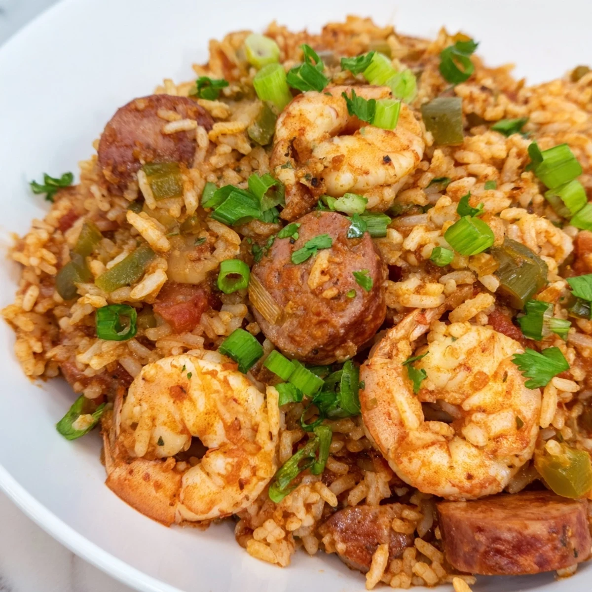 Golden shrimp and sausage dirty rice garnished with fresh parsley in cast iron skillet