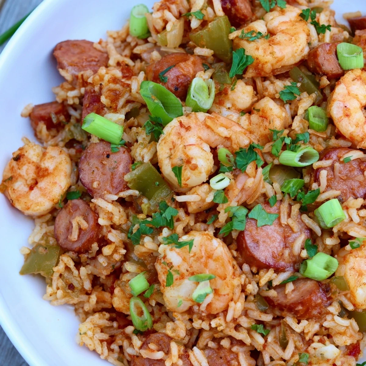 Creamy shrimp and sausage dirty rice topped with scallions and colorful bell peppers