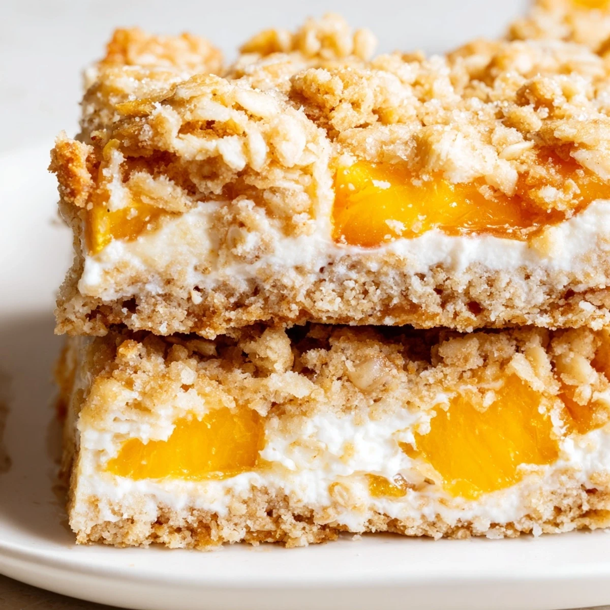 Golden Peaches and Cream Crumble Bars with buttery oat topping on a rustic white plate