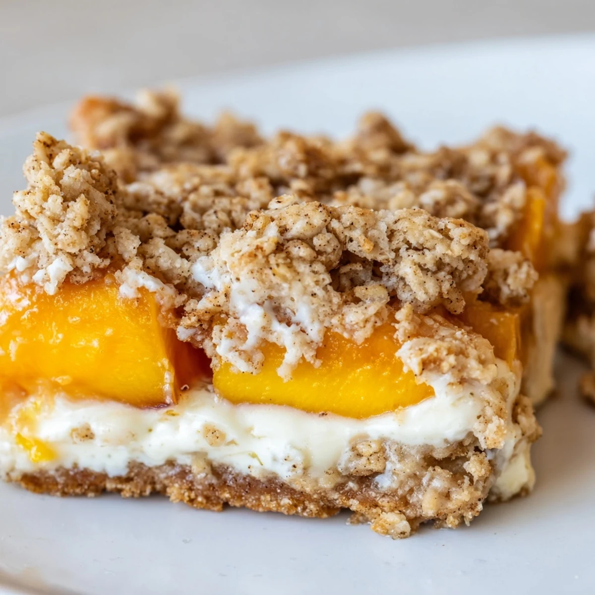 Creamy peach filling shines through golden oat crust in these homemade Peaches and Cream Crumble Bars