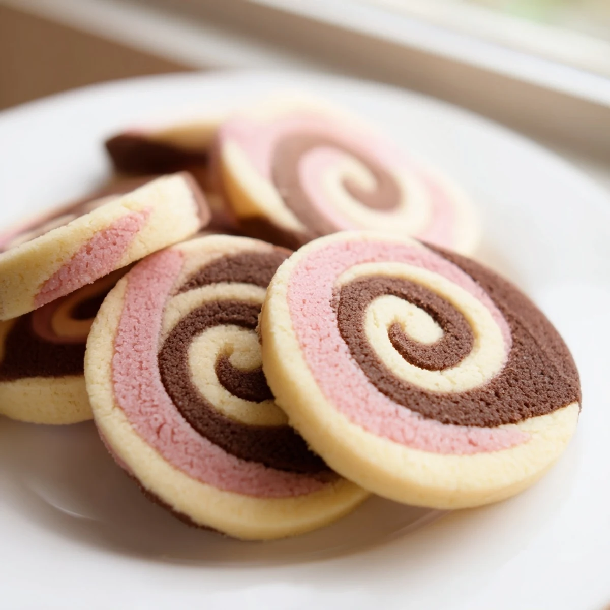 Neapolitan Swirl Cookies showing pink, brown, and cream spirals arranged on a rustic wooden board