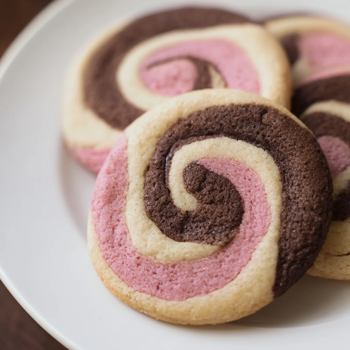 Freshly baked Neapolitan Swirl Cookies with tight colorful spirals cooling on a wire baking rack