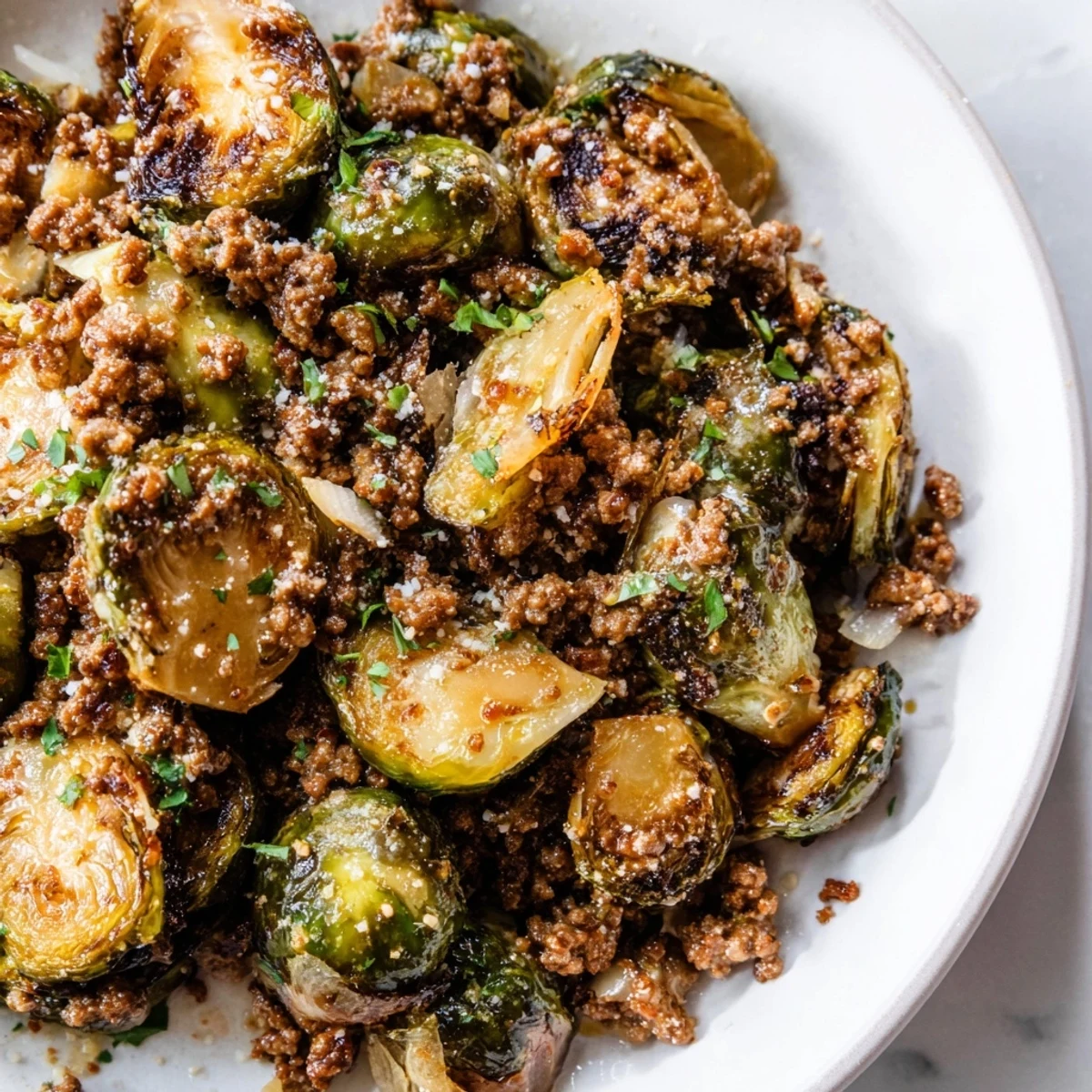 Crispy halved Brussels sprouts tossed with savory ground beef in a rustic cast iron pan