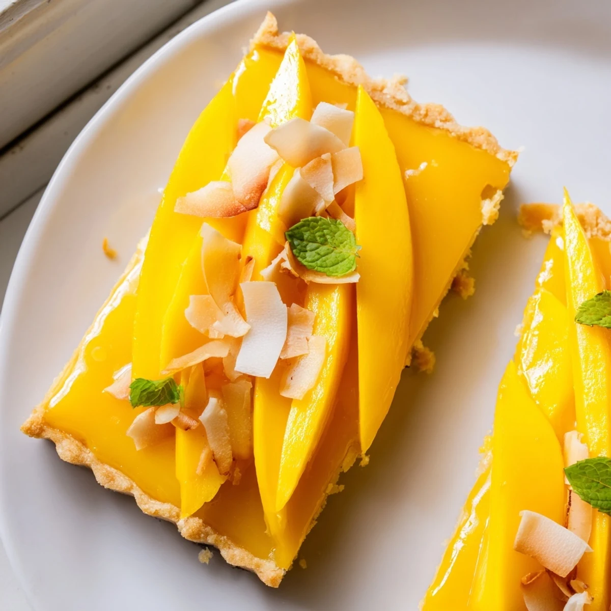Golden mango curd tart topped with fresh mango slices and toasted coconut flakes