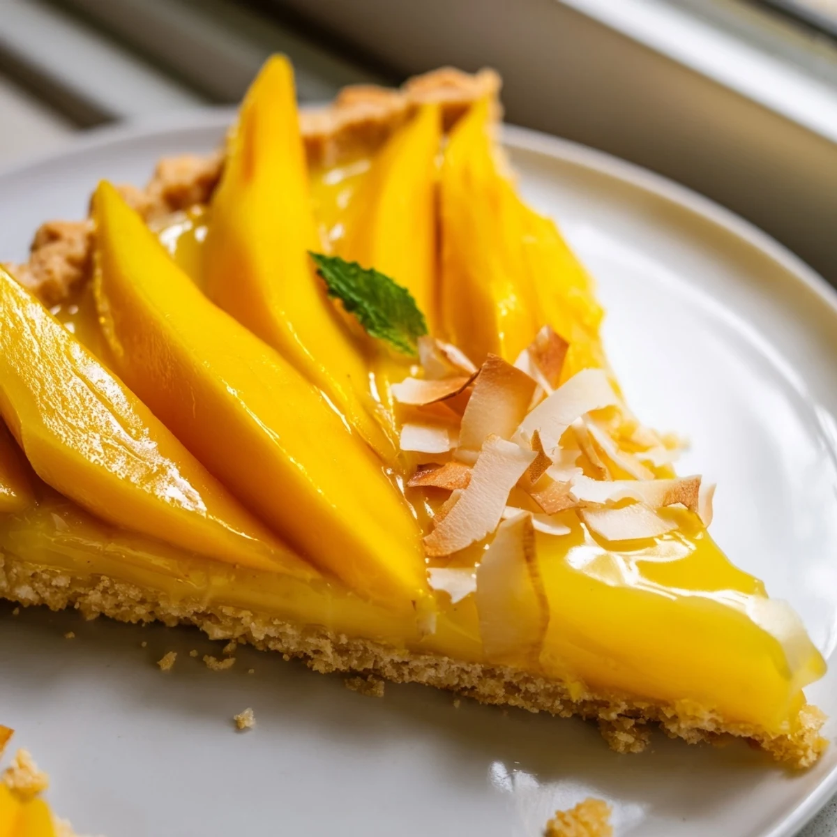 Creamy mango curd tart in a buttery crisp crust, garnished with mint leaves