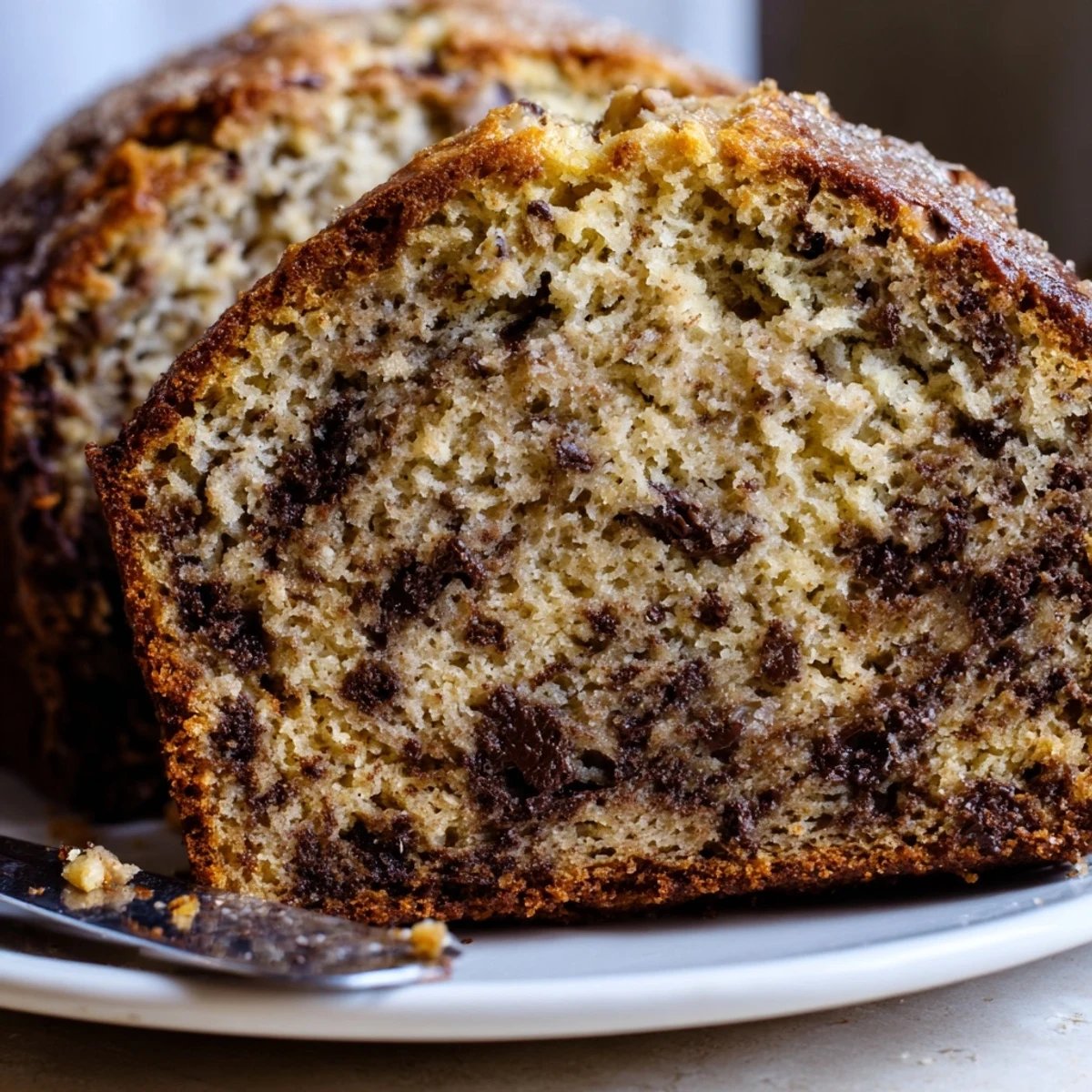 Golden slice of super moist banana bread served warm on a rustic cutting board