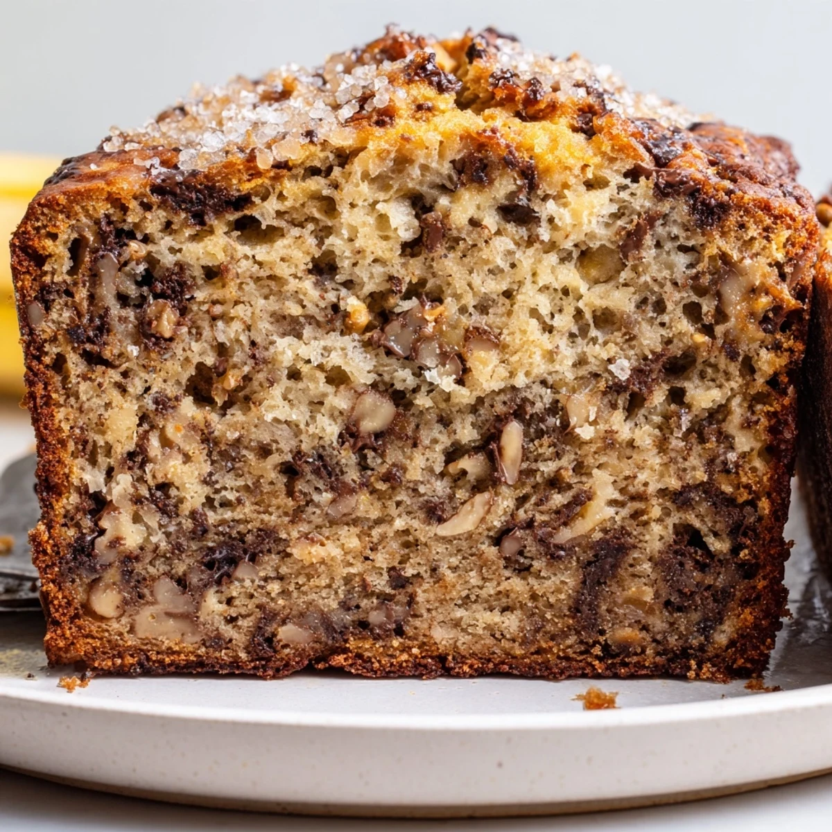 Warm super moist banana bread loaf topped with cracked walnuts and cinnamon