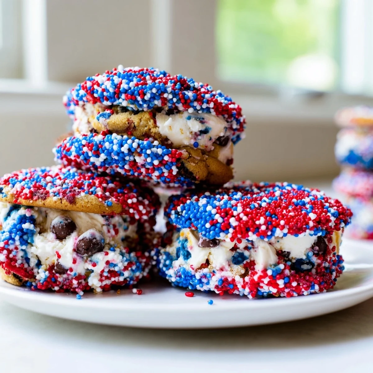 Patriotic mini ice cream sandwiches coated in colorful red, white, and blue sprinkles