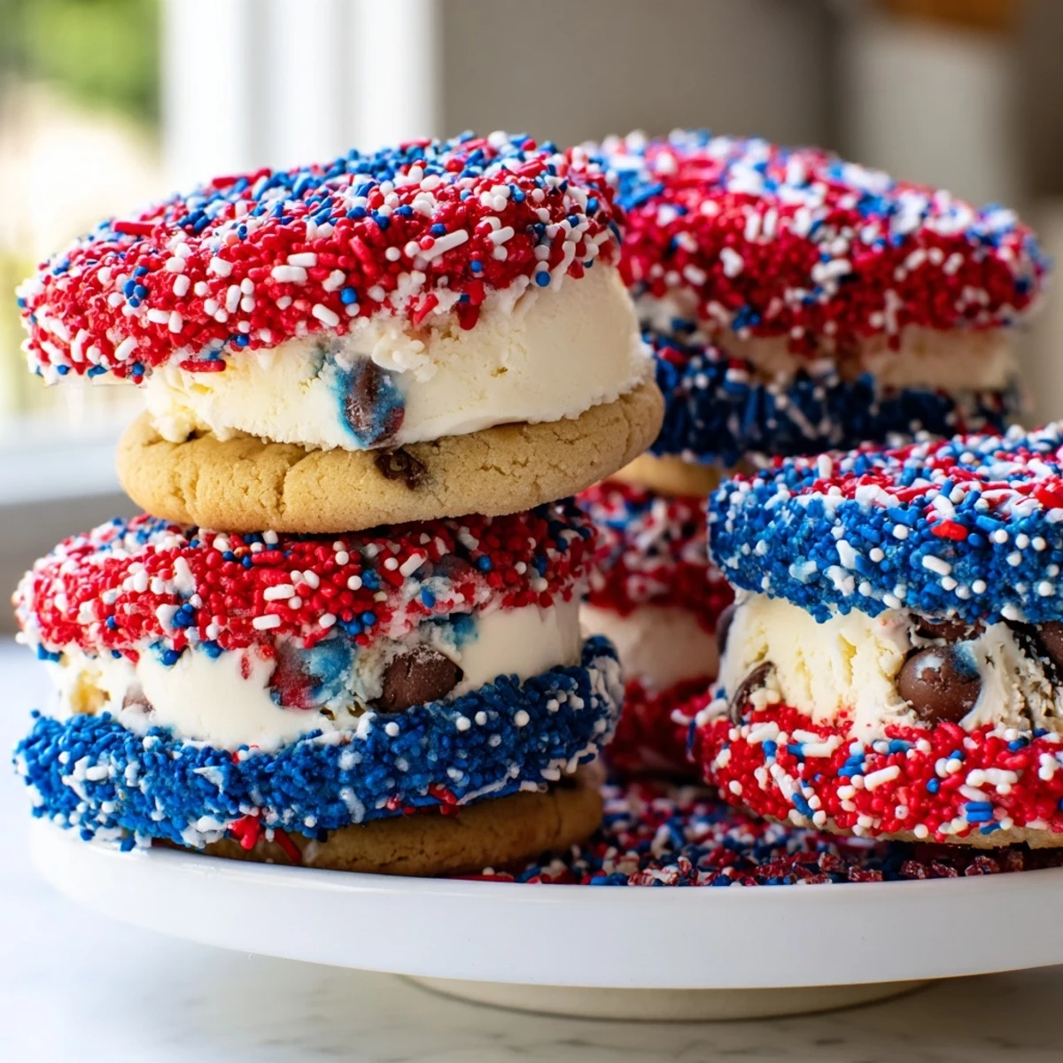Bite-sized patriotic mini ice cream sandwiches with vanilla filling on a festive tray