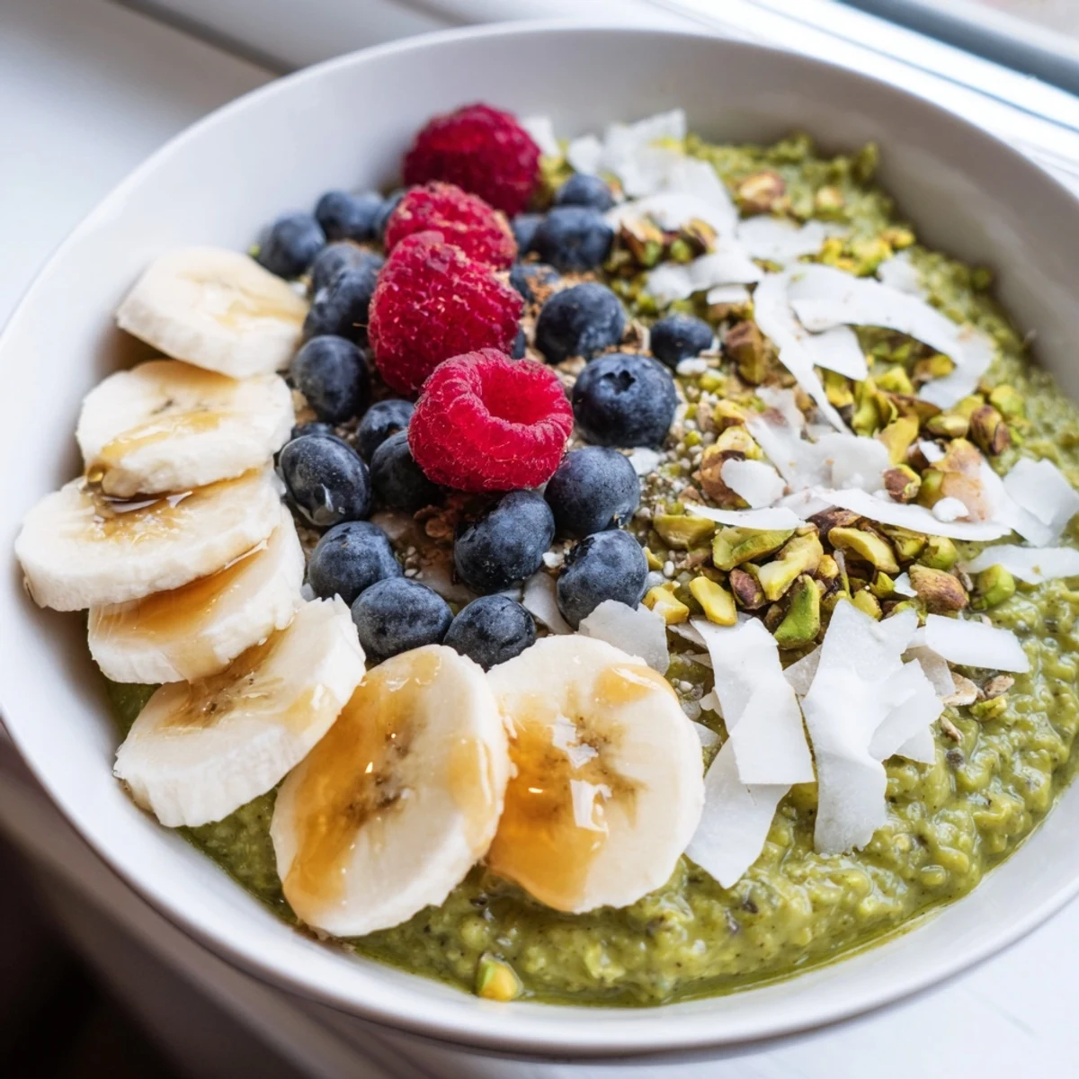 Creamy matcha overnight oats topped with sliced banana and fresh berries in a glass jar