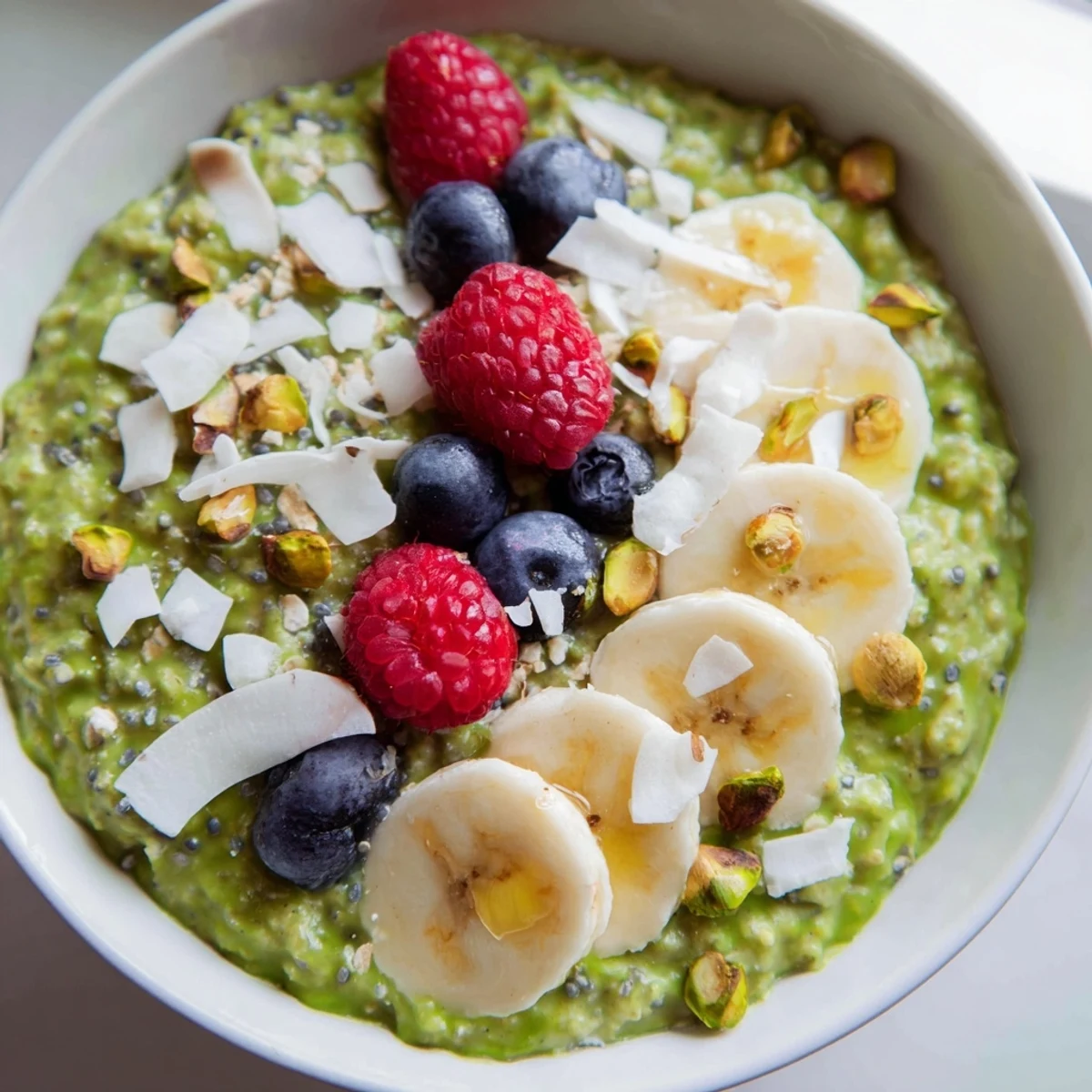 Vibrant green matcha overnight oats served in mason jars with toasted coconut and crunchy almonds