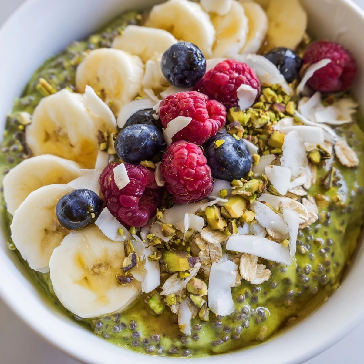 Smooth and earthy matcha overnight oats layered with chia seeds and topped with sweet fruit