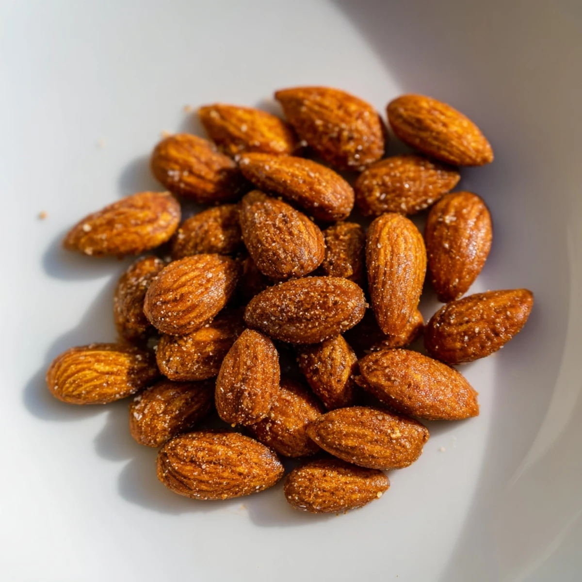 Crunchy spiced roasted almonds cooling on a parchment-lined baking sheet at home