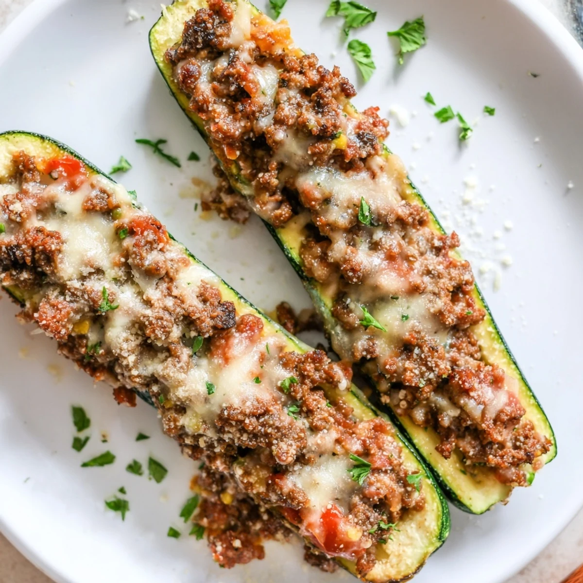 Golden cheesy stuffed zucchini boats with ground beef fresh from the oven