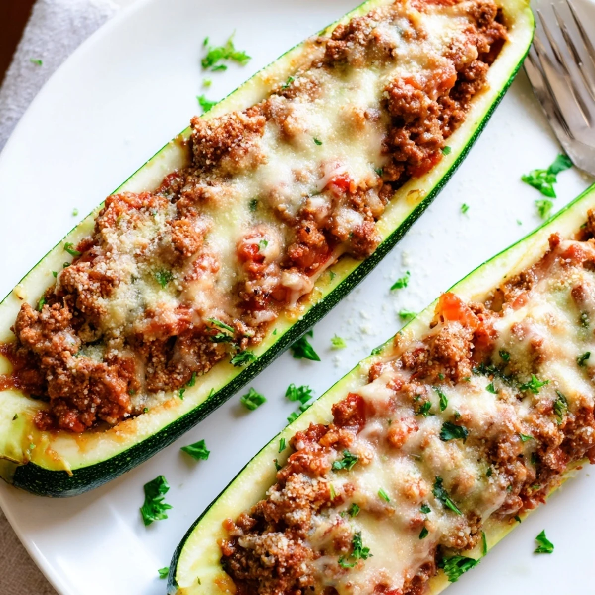 Crispy-topped stuffed zucchini boats with ground beef on a rustic baking dish