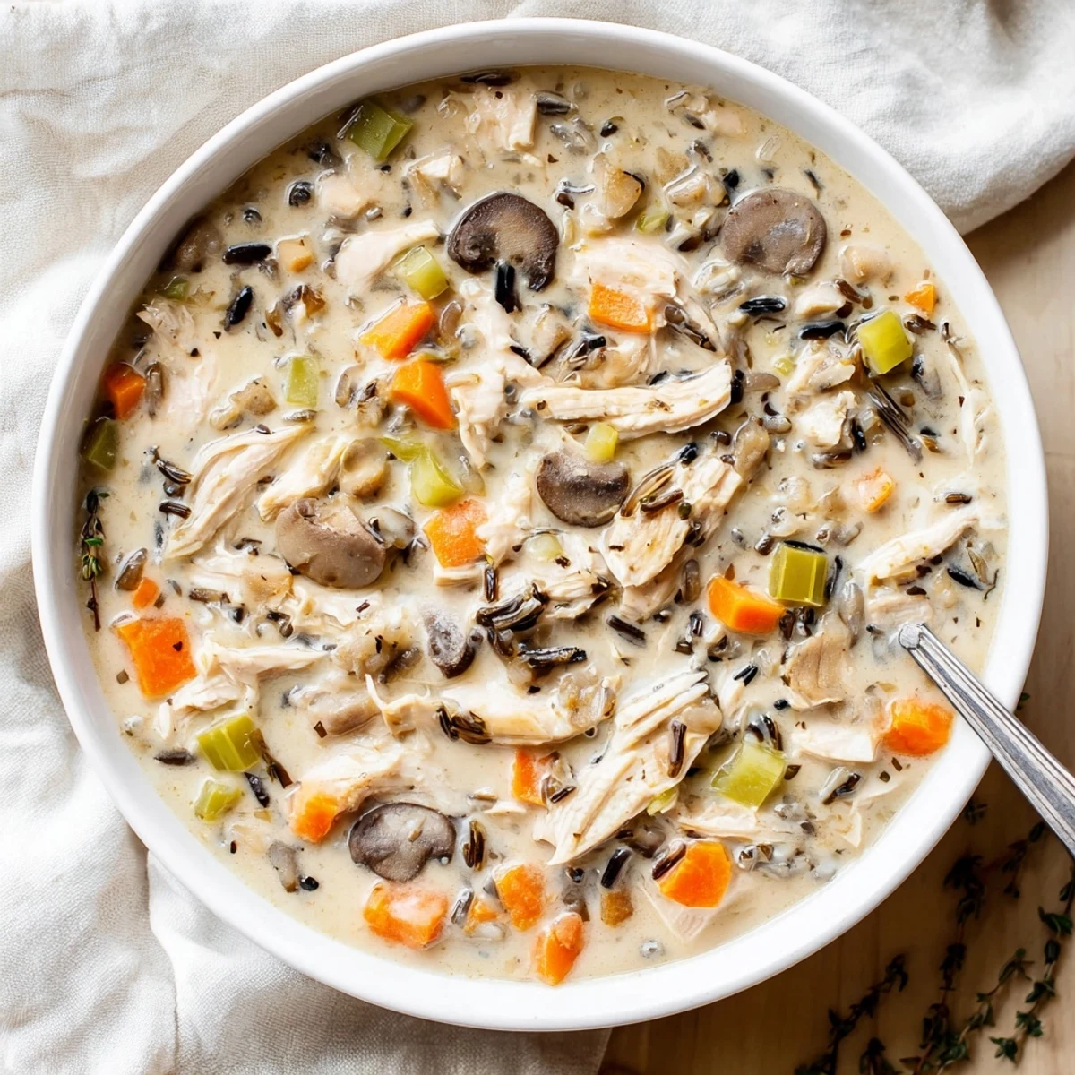 Steaming bowl of creamy slow cooker chicken mushroom wild rice soup with shredded chicken