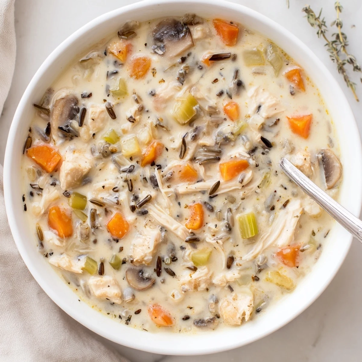 Hearty creamy slow cooker chicken mushroom wild rice soup ladled into a rustic bread bowl