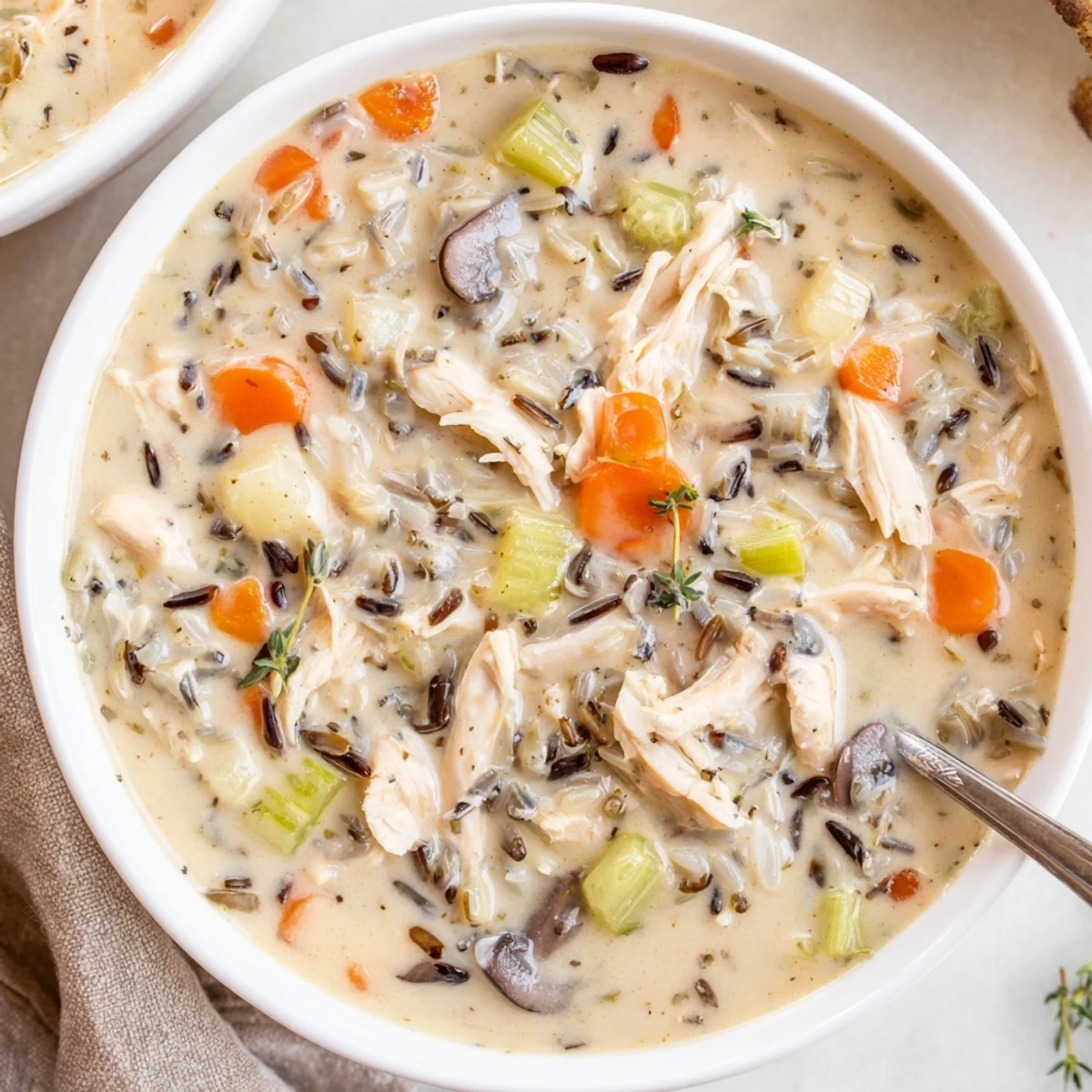 Golden creamy slow cooker chicken mushroom wild rice soup garnished with fresh thyme on a chilly day