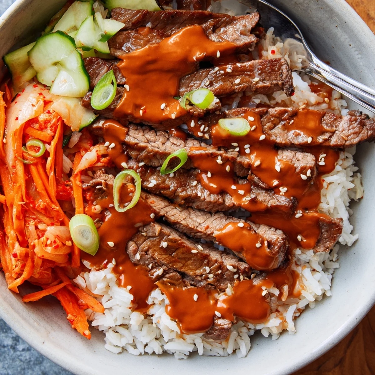 Caramelized Korean BBQ steak in a rice bowl with kimchi and spicy mayo