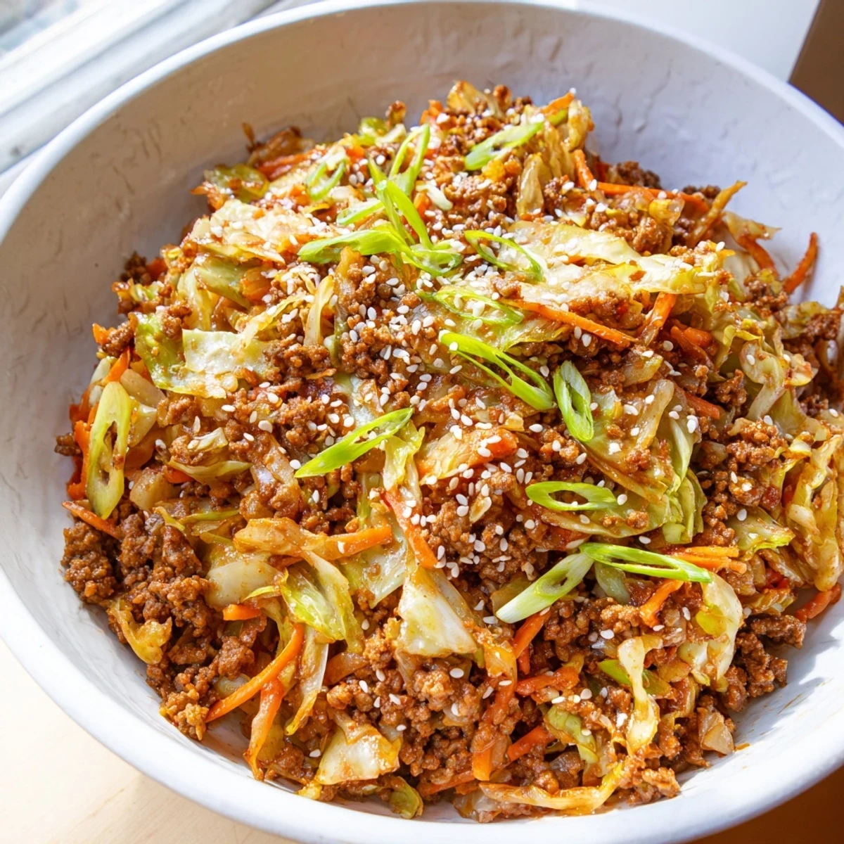 Steamy keto egg roll in a bowl with browned pork and crisp cabbage