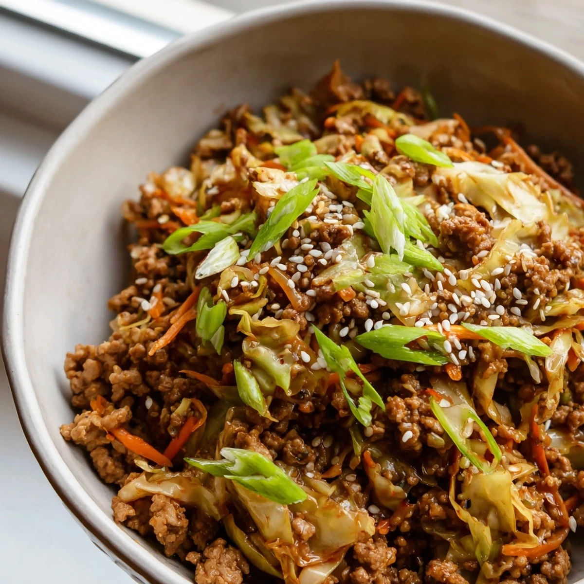 Keto egg roll in a bowl garnished with sesame seeds and green onions