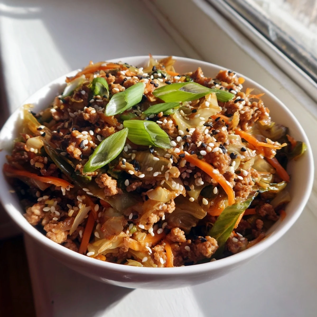 Savory keto egg roll in a bowl served hot in a shallow dish