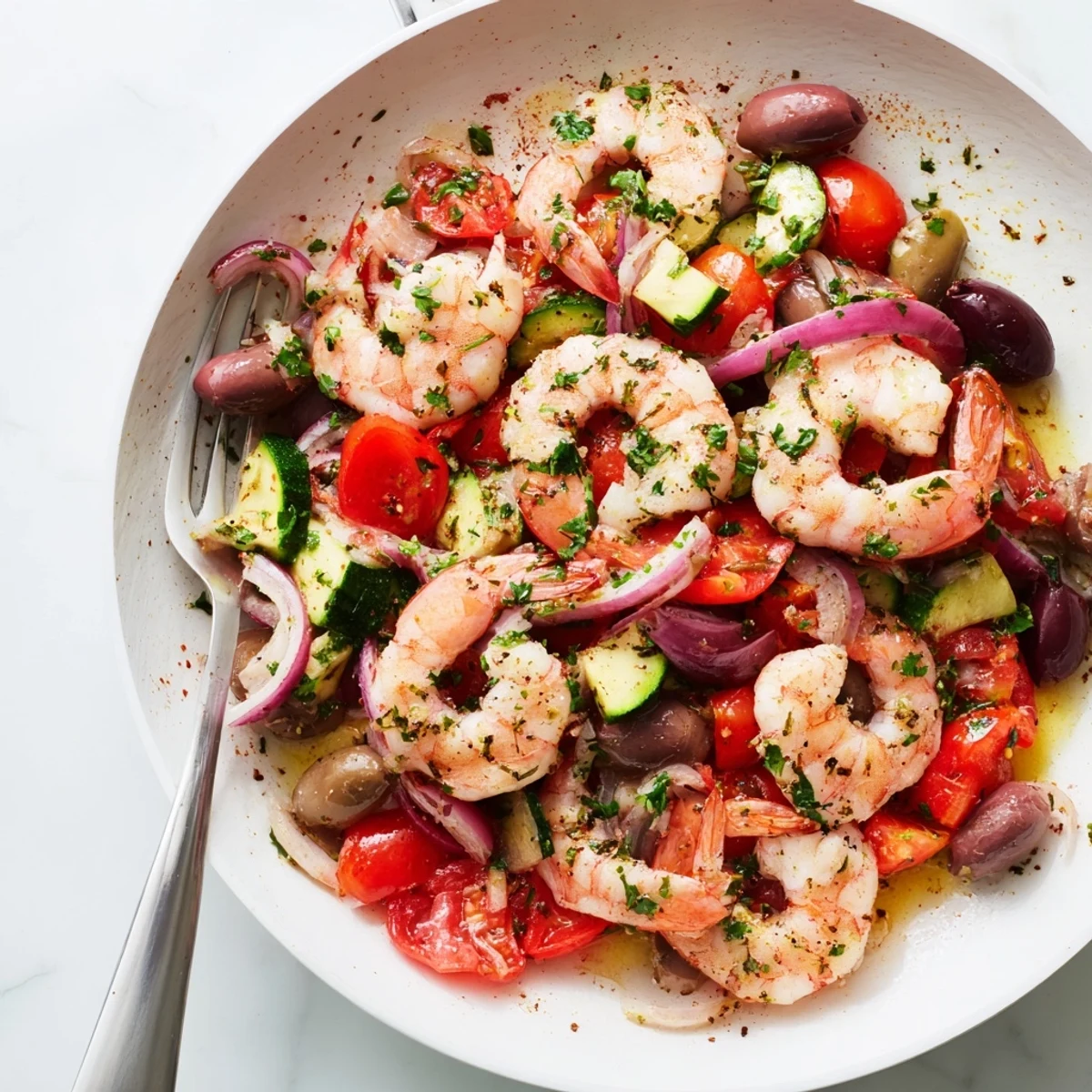 Golden seared Mediterranean shrimp skillet with cherry tomatoes and Kalamata olives