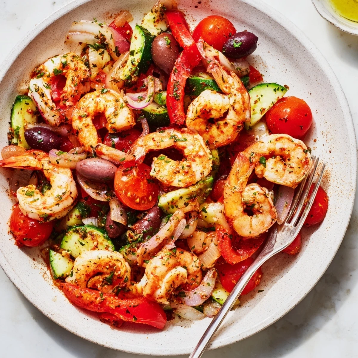 Steaming Mediterranean shrimp skillet garnished with fresh parsley and lemon wedges