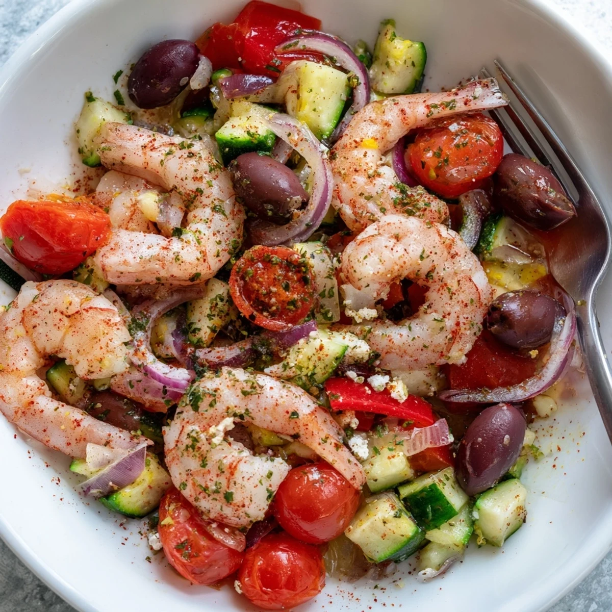 One-pan Mediterranean shrimp skillet over rice with juicy tomato olive sauce