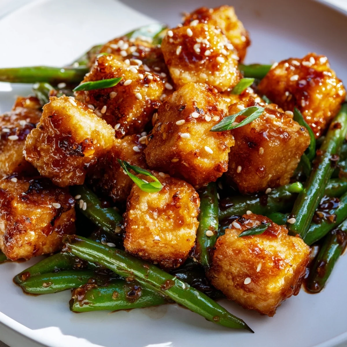 Golden crispy black pepper tofu and green beans in a glossy peppery sauce