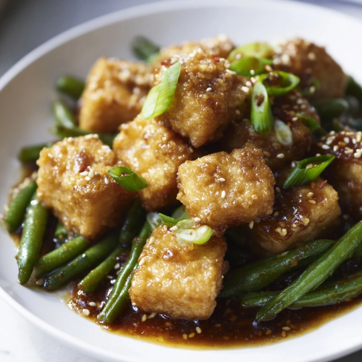 Crispy black pepper tofu with tender green beans garnished with sesame seeds