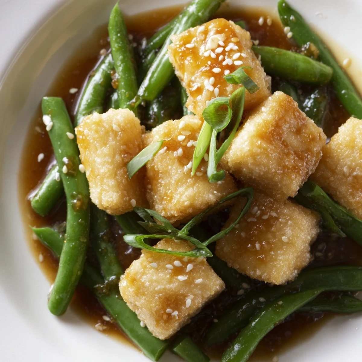 Wok-fried crispy black pepper tofu and green beans served over steamed rice