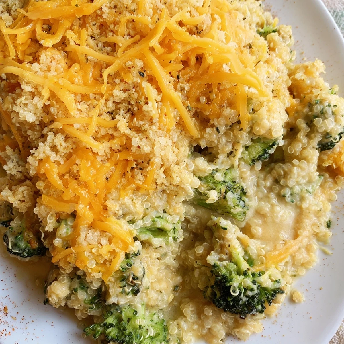 Golden bubbly creamy broccoli quinoa casserole fresh from the oven in a baking dish