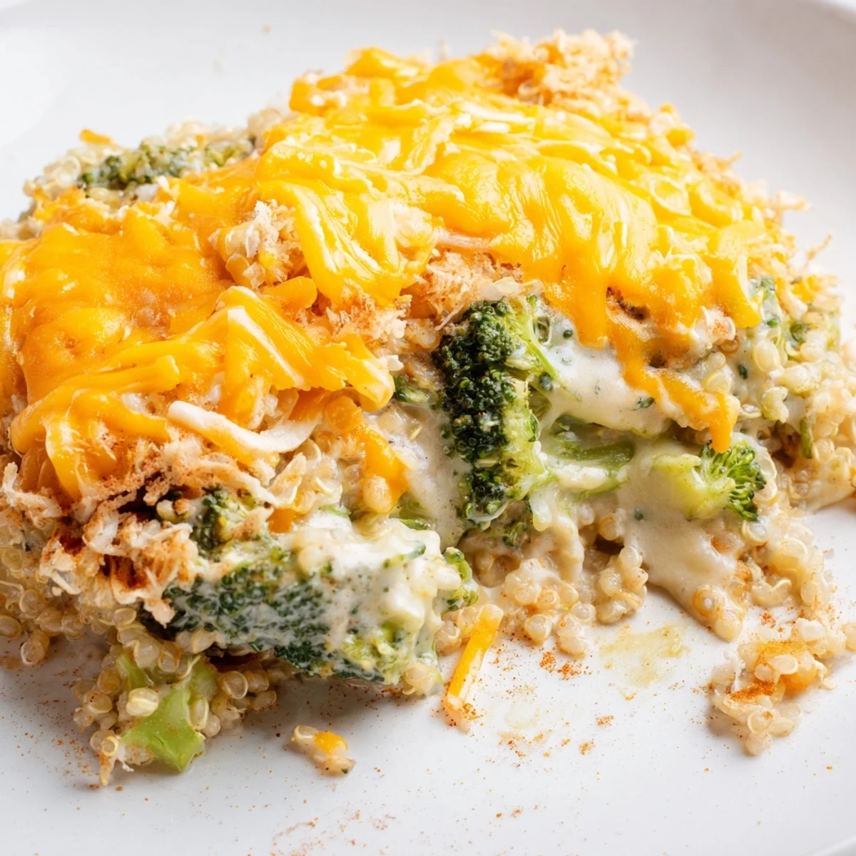 Tender broccoli and fluffy quinoa in a rich cheesy sauce served family-style for dinner
