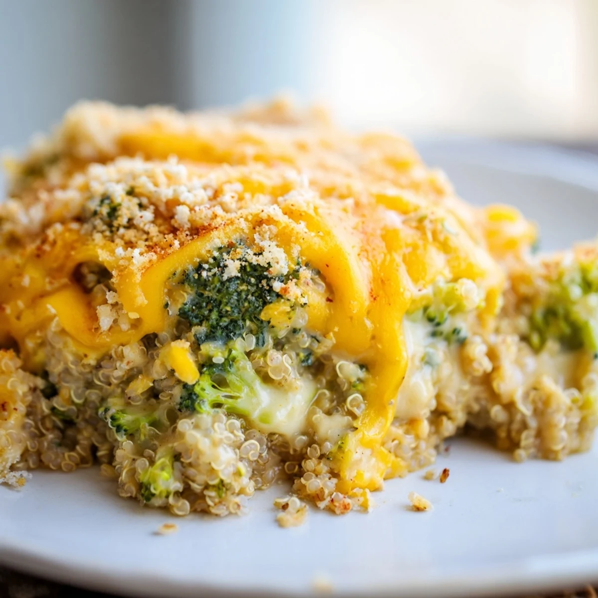 Vegetarian creamy broccoli quinoa casserole topped with melted cheddar and crispy breadcrumbs