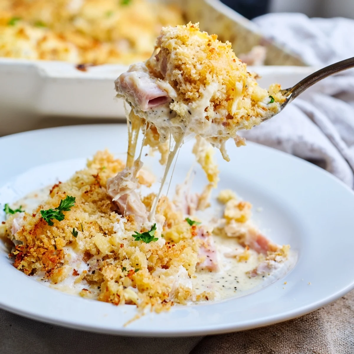 Slice of Chicken Cordon Bleu Casserole on plate, resting five minutes, steam rising