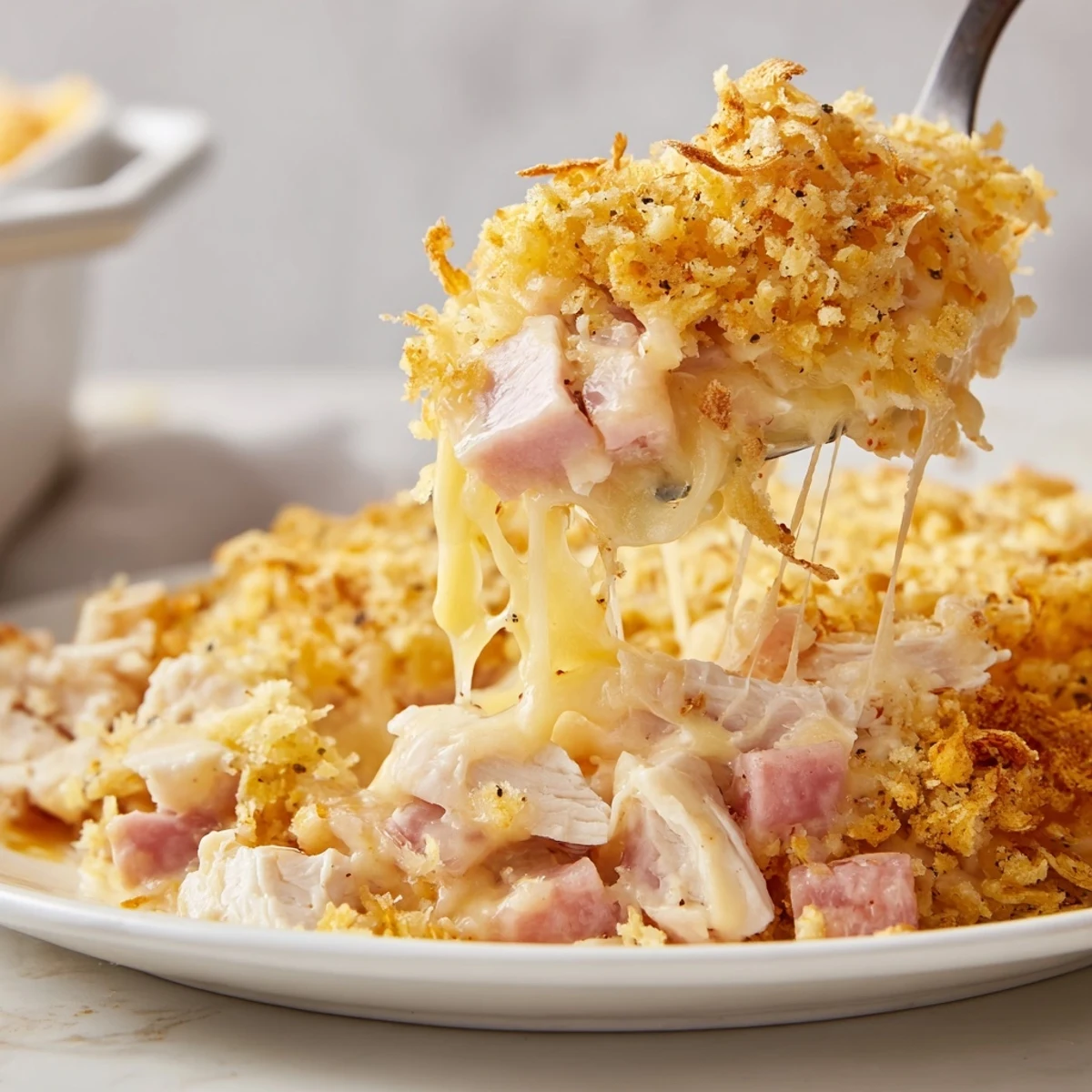 Creamy Dijon Chicken Cordon Bleu Casserole, layers of ham and tender chicken