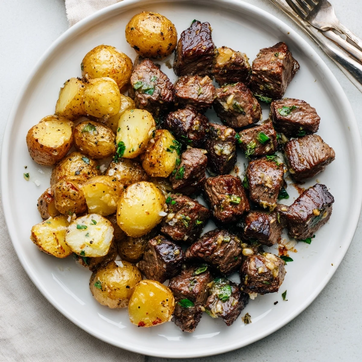 Garlic Steak Bites and Potatoes sizzling in skillet, golden crispy and buttery