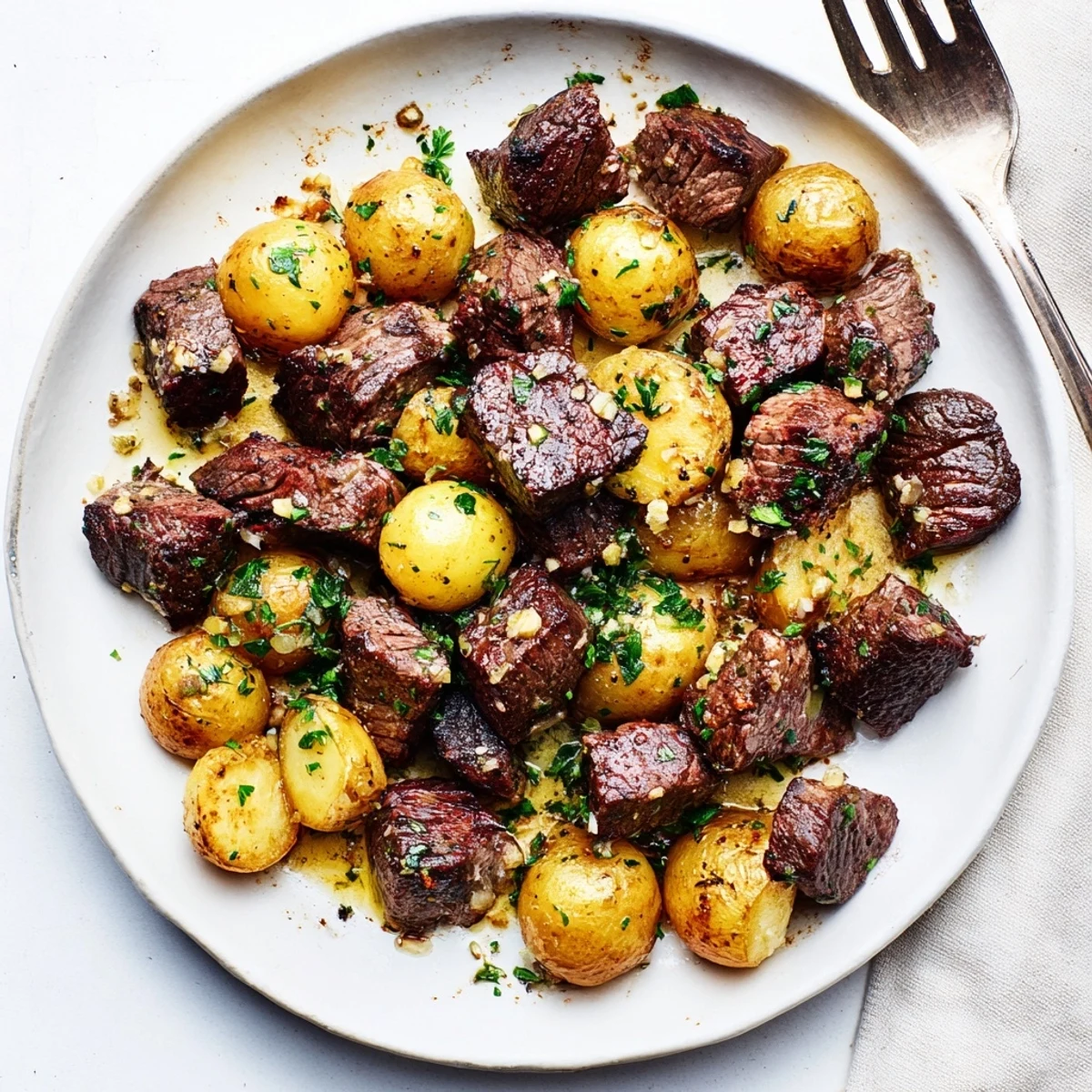 Pan-seared Garlic Steak Bites and Potatoes tossed in rich herb butter