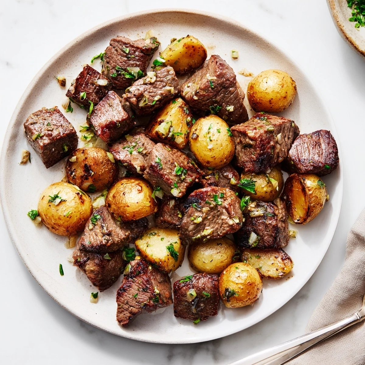 Garlic Steak Bites and Potatoes plated with parsley, perfect weeknight skillet meal