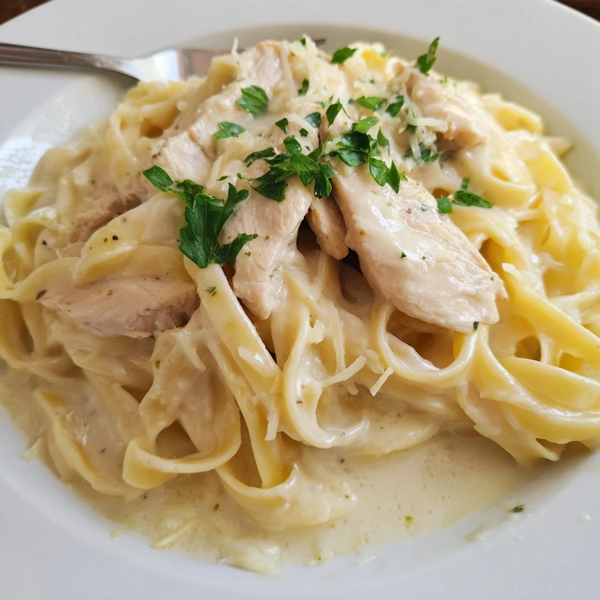 Bowl of Creamy Garlic Chicken Pasta tossed with Parmesan, tender seared chicken