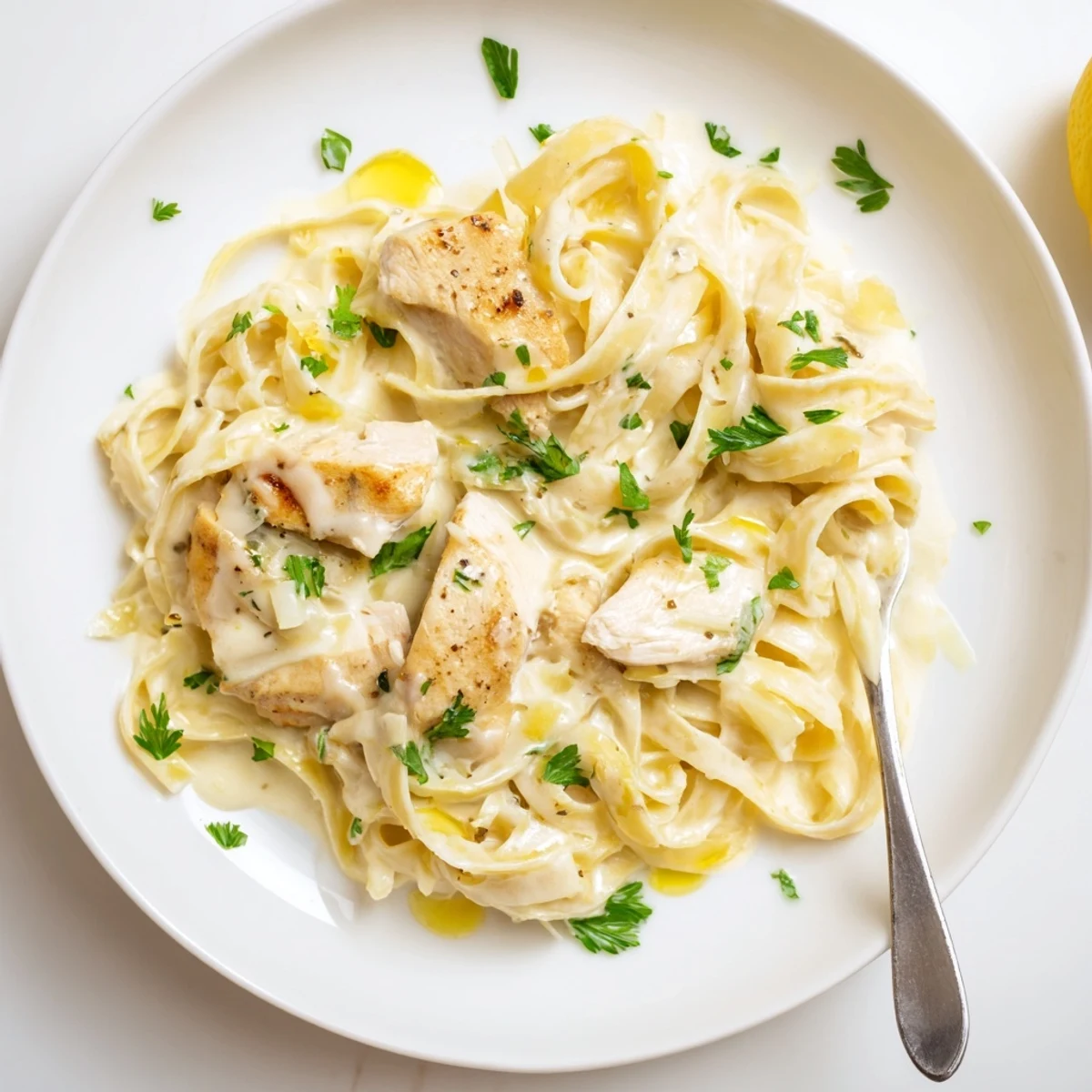 Hearty Creamy Garlic Chicken Pasta glistening in sauce, served with crusty bread