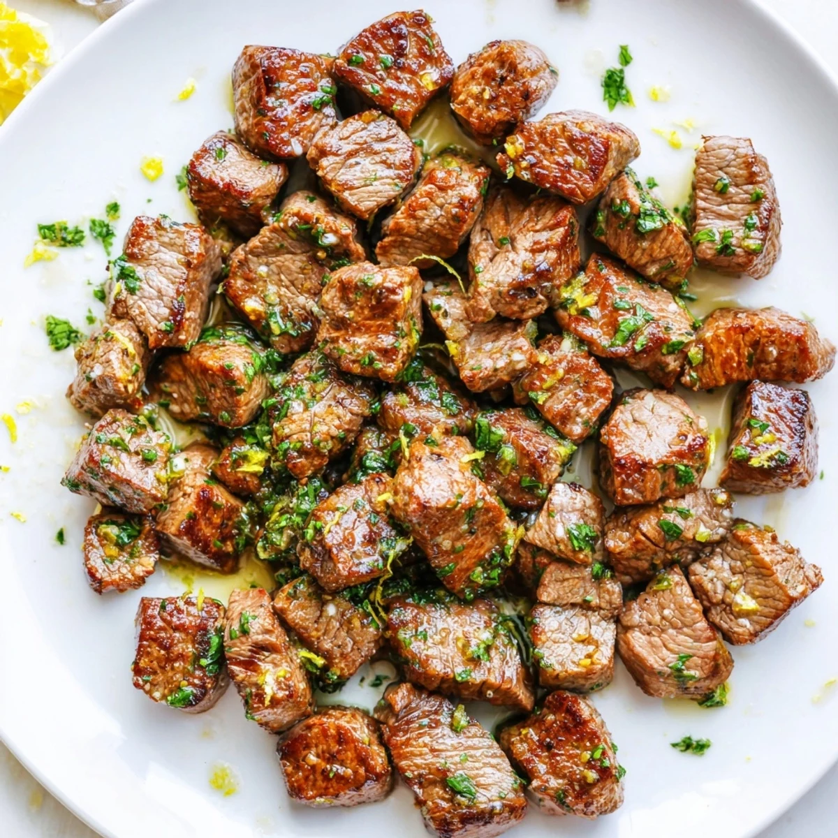 Cowboy Butter Steak Bites sizzling in skillet, glossy herb-garlic butter coating