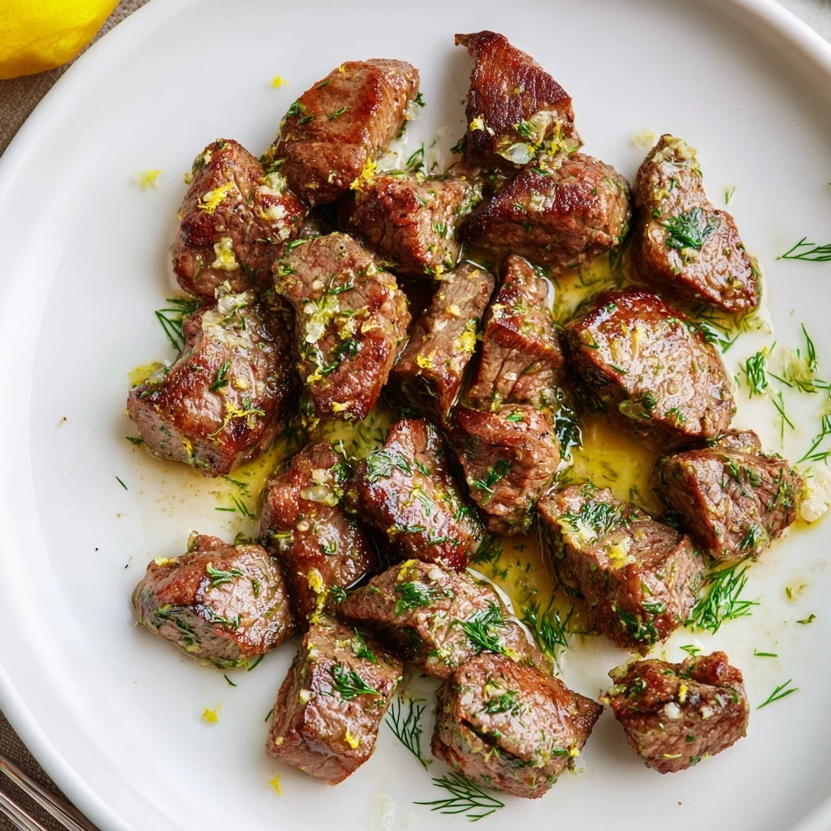 Plated Cowboy Butter Steak Bites topped with fresh parsley, lemon zest