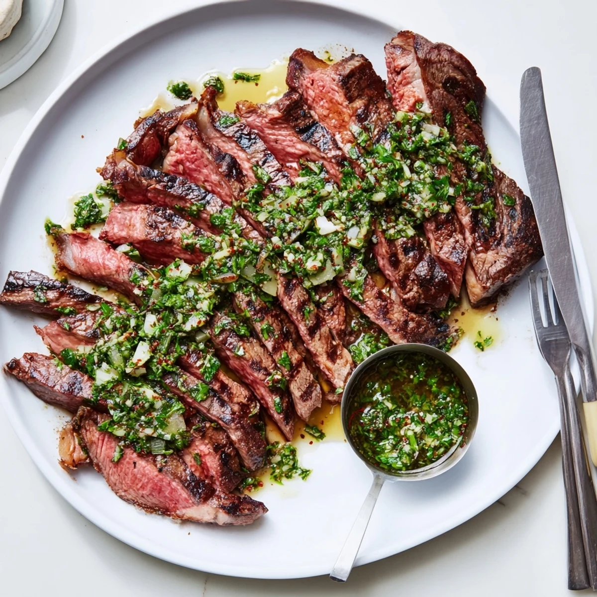 Chimichurri Steak Recipe: grilled ribeye sliced, bright green sauce glistening