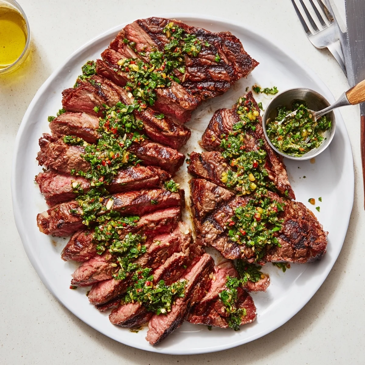 Chimichurri Steak Recipe served with lemon, red pepper flakes, juicy medium-rare center