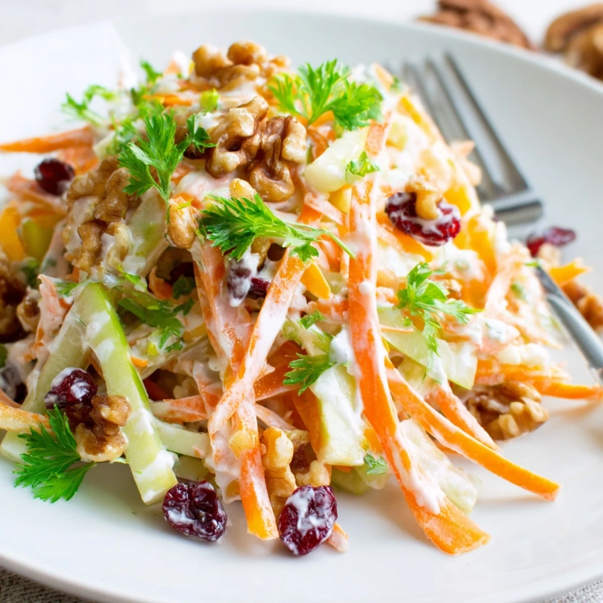 Crunchy Apple Carrot Salad With Creamy Citrus Dressing, toasted pecans and fresh parsley
