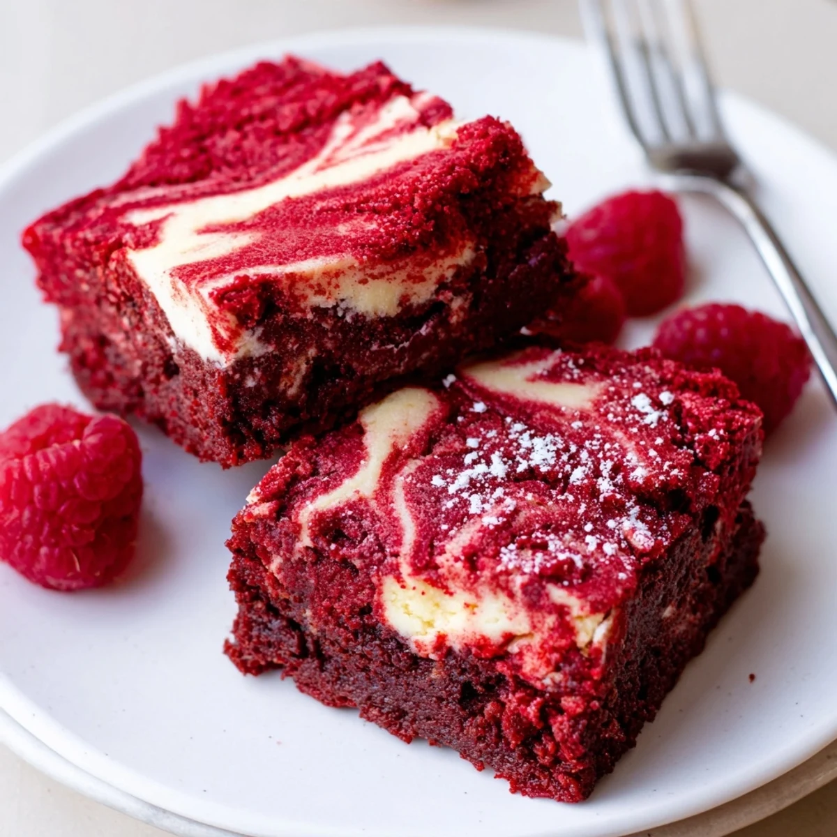 Red Velvet Brownies With Cheesecake Layer chilled, sliced, marbled top and powdered sugar