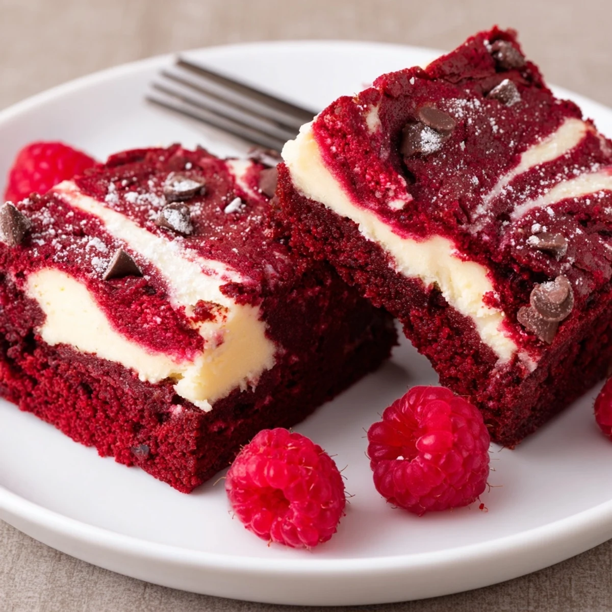 Slice of Red Velvet Brownies With Cheesecake Layer showing creamy swirl, fudgy center