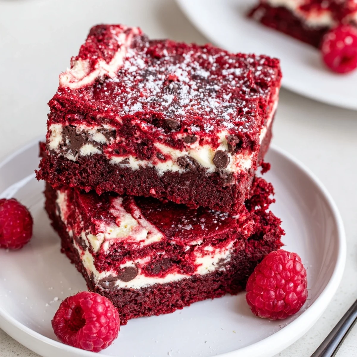 Plate of Red Velvet Brownies With Cheesecake Layer served with berries and fork